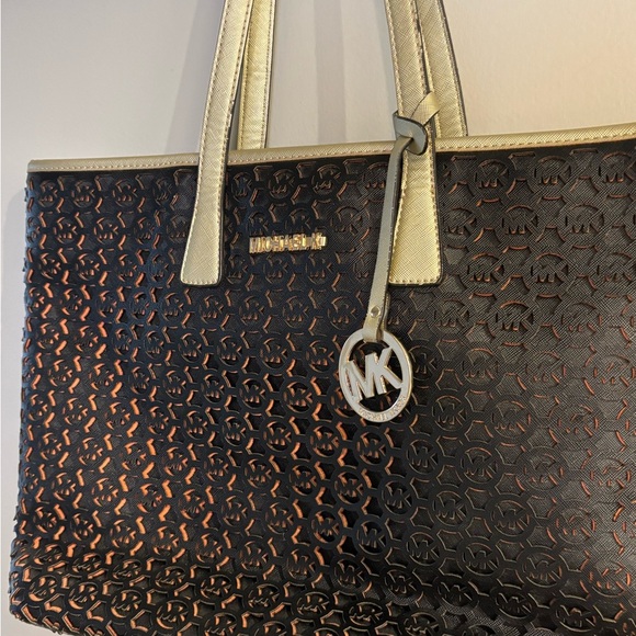 Michael Kors| Black & Gold “Jet Set” Perforated Monogram Large Tote Carryall Bag - Picture 3 of 7